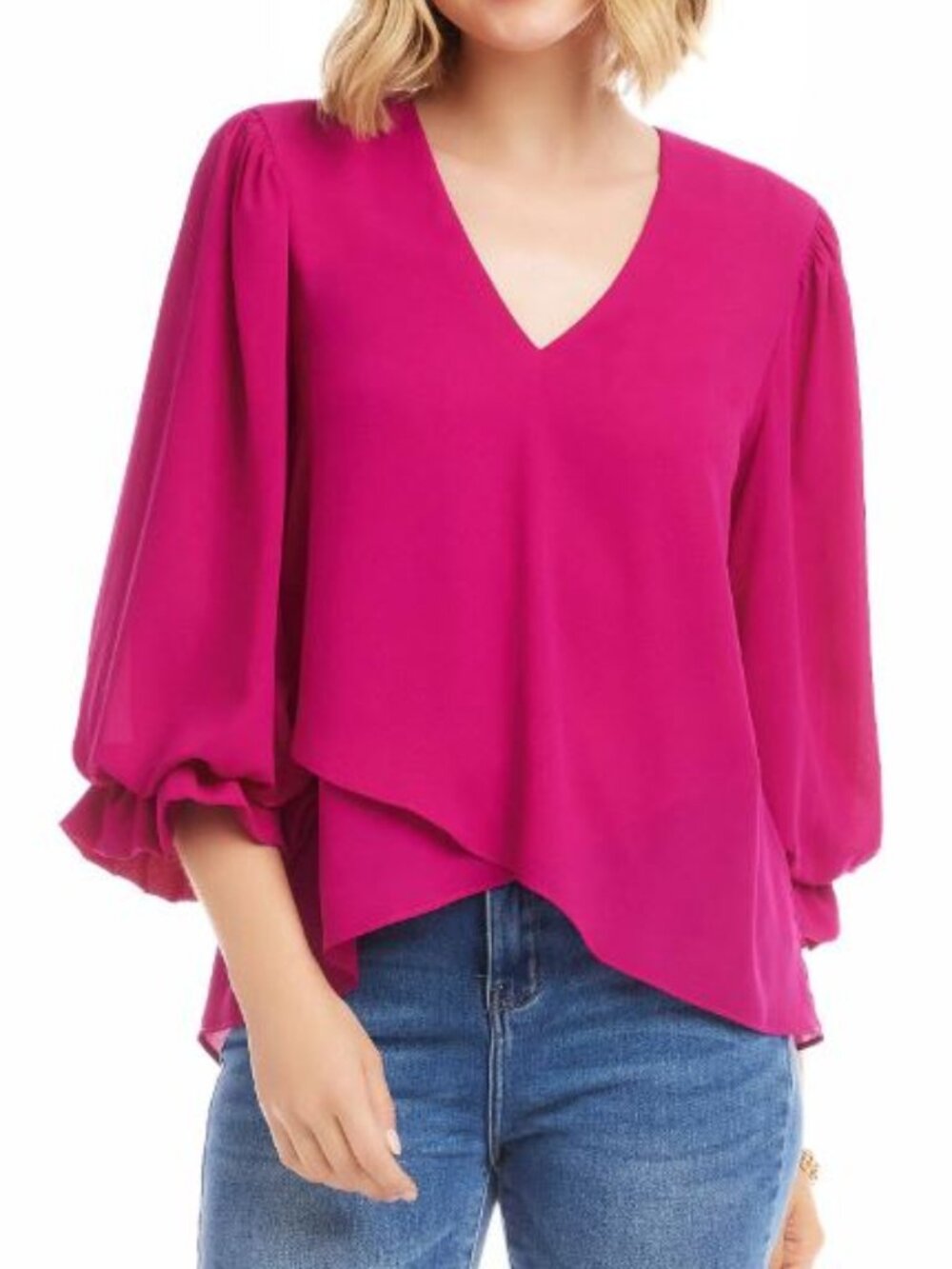 Karen Kane V-Neck 3/4 Lantern Sleeves Asymmetric Layered Hem Top 3X